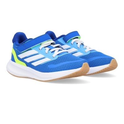 sapatilhas desportivas azuis com fecho velcro e atacadores brancos