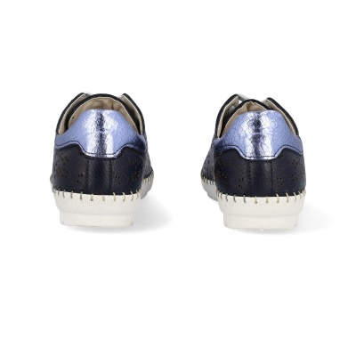 Sapatilhas femininas azul metálico e azul escuro vistas de trás