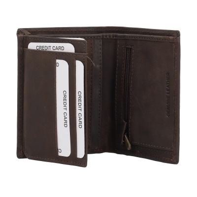 Carteira masculina castanha em couro genuíno com compartimentos para cartões e bolso com fecho