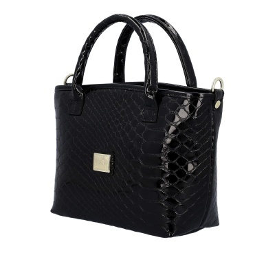 Mala de mão preta com padrão texturizado e pegas curtas