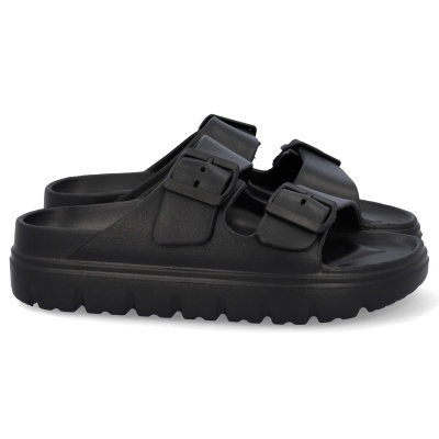 Sandálias pretas unissexo com duas tiras ajustáveis e solado grosso
