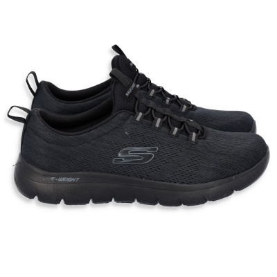 Sapatilhas pretas Skechers com sola preta e logo cinza