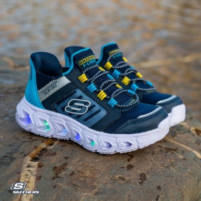 Ténis Skechers S-Lights azuis com sola branca e luzes coloridas