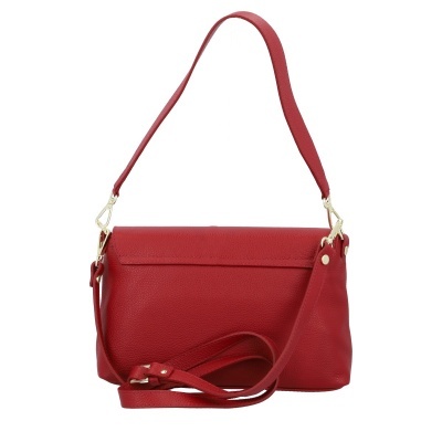 mala vermelha em pele com alças e ferragens douradas