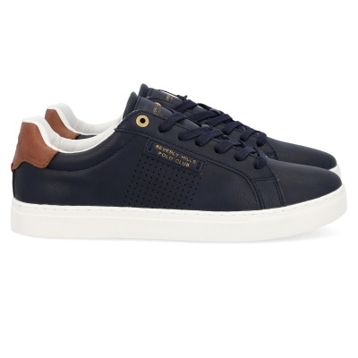 Ténis azuis escuros com sola branca e detalhes castanhos