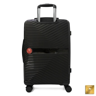 Mala de viagem rígida preta com padrão ondulado e rodas