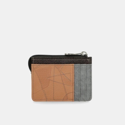 Carteira pequena castanha e cinza com fecho de correr metálico