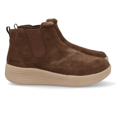 Botas castanhas Skechers em camurça com sola beige e elásticos laterais