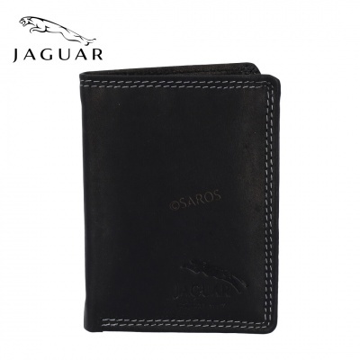 Carteira preta de pele com costuras brancas e logotipo Jaguar