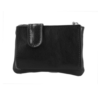 Carteira pequena preta em pele com aba e fecho