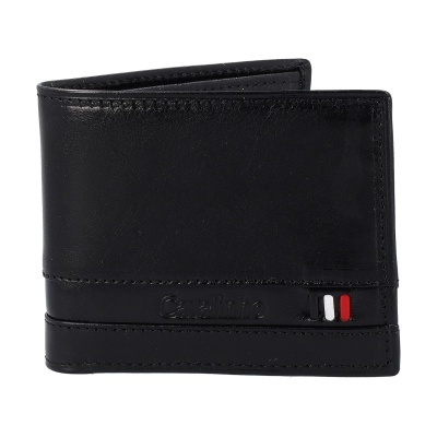 Carteira masculina em pele preta com detalhes coloridos em relevo