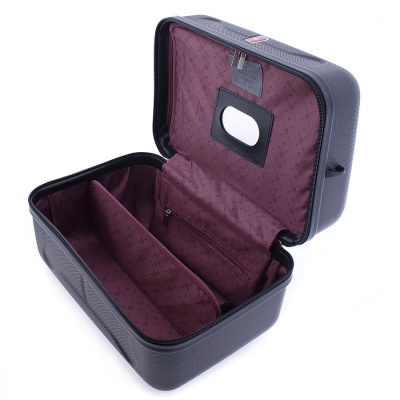 Mala de maquilhagem cinzenta com interior roxo e espelho embutido