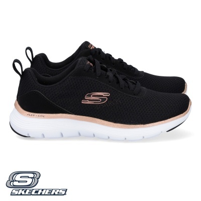 Sapatilhas Skechers pretas com detalhes em rosa dourado e sola branca