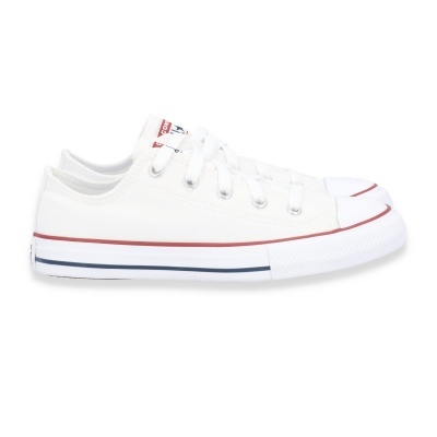 Ténis brancos de lona com detalhes vermelhos e azuis