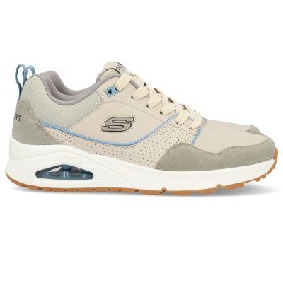 Ténis Skechers bege cinza azul com sola branca e detalhe em borracha castanha