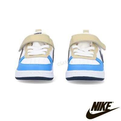 sapatos desportivos infantis Nike azuis, brancos, castanhos e bege com velcro