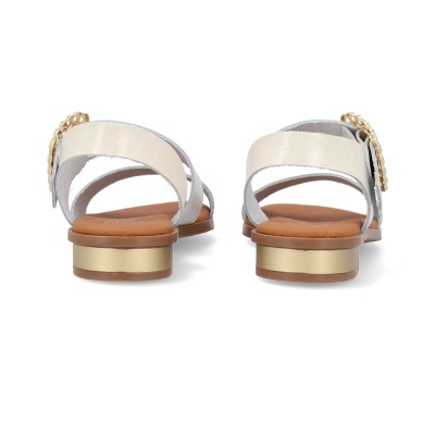 Sandálias femininas brancas com tiras largas e salto dourado