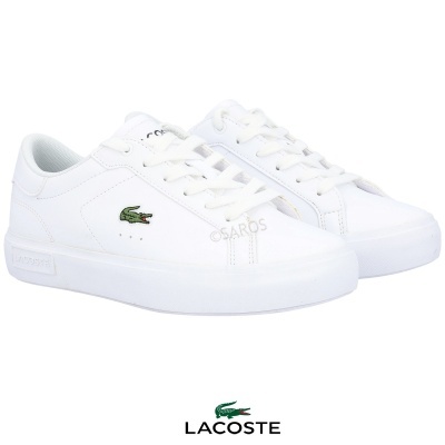 Sapatilhas brancas Lacoste com crocodilo verde na lateral