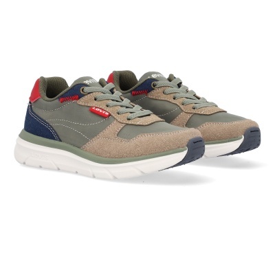 Sapatilhas Levis camurça bege e tecido verde com detalhes azul e vermelho