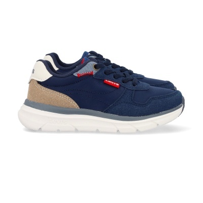 Sapatilhas Levis azul marinho com detalhes bege e etiquetas vermelhas e brancas