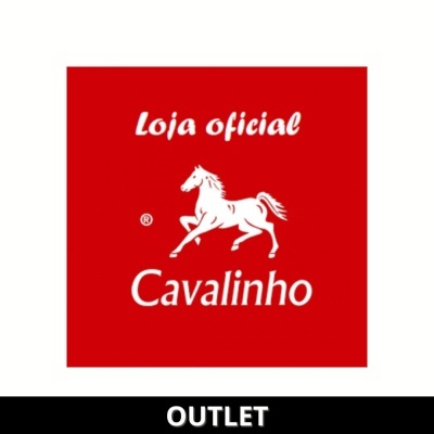 Logótipo da loja oficial Cavalinho em fundo vermelho com cavalo branco e texto 'OUTLET' em fundo preto