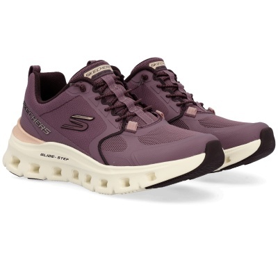 Ténis desportivos roxos com detalhes em bege e solado branco da Skechers