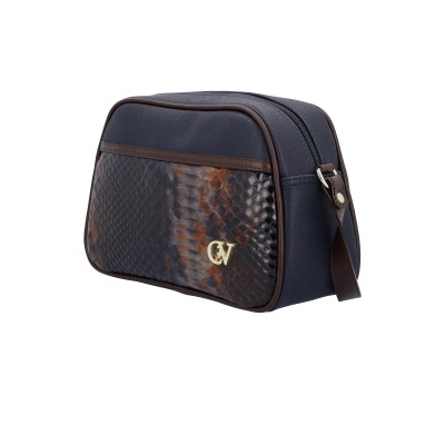 Necessaire azul escura com padrão pele de cobra castanho