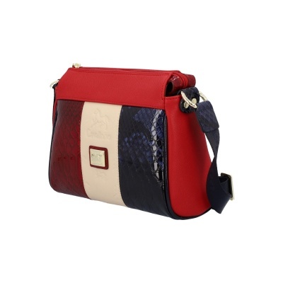 Mala transversal Cavalinho vermelha, bege e azul escuro com textura e alça ajustável.