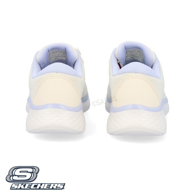 Ténis Skechers branco e lilás vistos de trás com sola branca e interior almofadado.