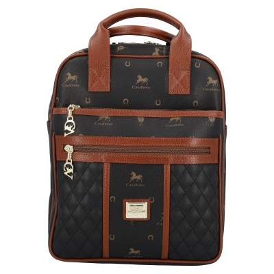 Mochila preta e castanha com padrão de cavalos e ferraduras e fechos dourados