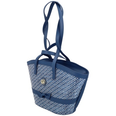 Saco feminino azul com padrão branco e azul e alças em pele sintética