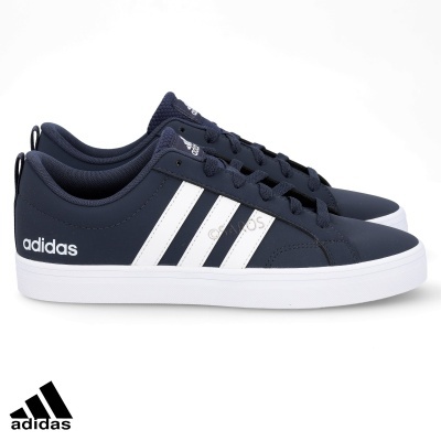 Ténis Adidas azul escuro com riscas brancas e sola branca