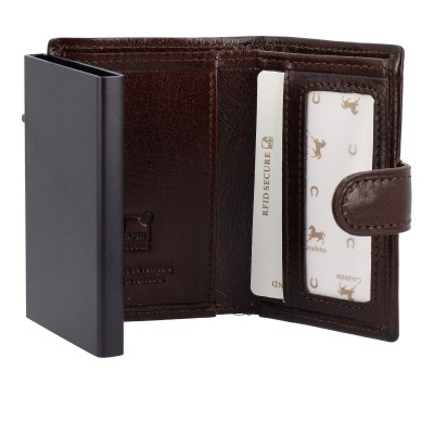 Carteira masculina em couro castanho com compartimento para cartões