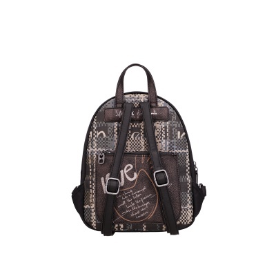 Mochila com padrão quadriculado castanho e preto com alças ajustáveis pretas