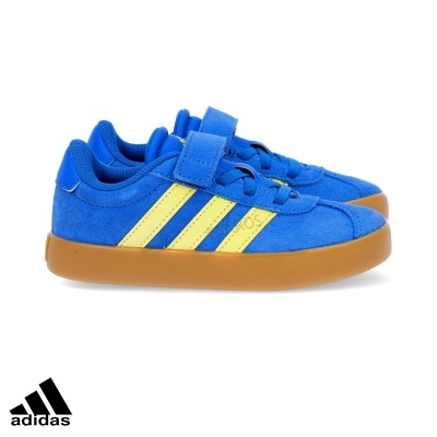 Ténis Adidas azuis com riscas amarelas e sola castanha