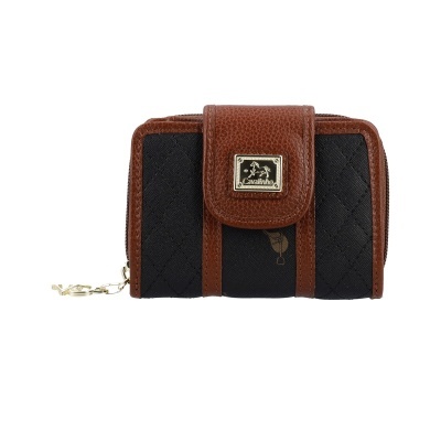 Carteira preta e castanha com aba e placa metálica Cavalinho