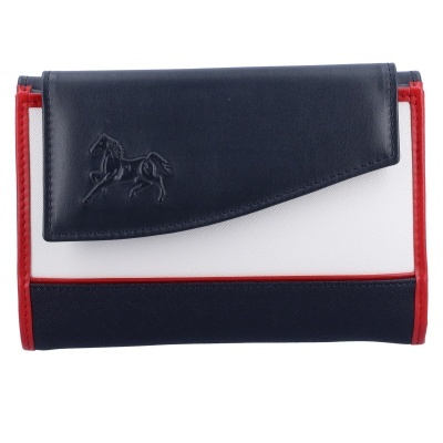 Carteira colorida azul, branca e vermelha com relevo de cavalo