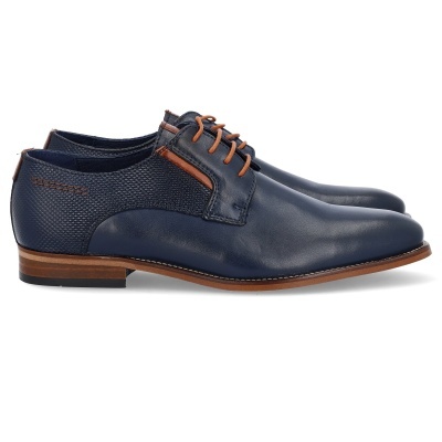 Sapatos masculinos de couro azul com cordões castanhos e salto baixo castanho