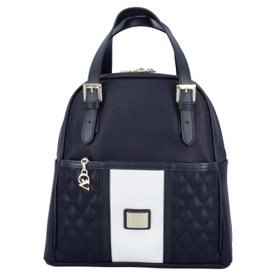 Mochila azul escura com painel branco e detalhes metálicos