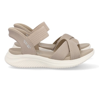 Sandálias Skechers de senhora em tecido bege com sola branca e tiras cruzadas