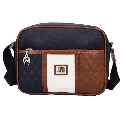 Mala de ombro pequena azul, branca e castanha com textura acolchoada e fecho dourado