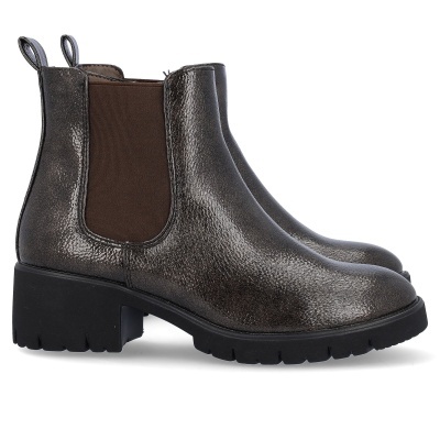 Botas Chelsea metálicas cinza escuro com sola preta e elástico castanho