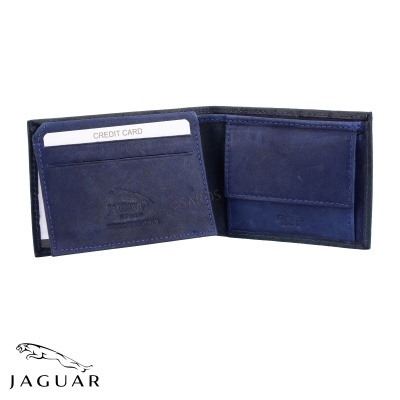 Carteira Jaguar azul escura em pele aberta com compartimentos para cartões, moeda e notas