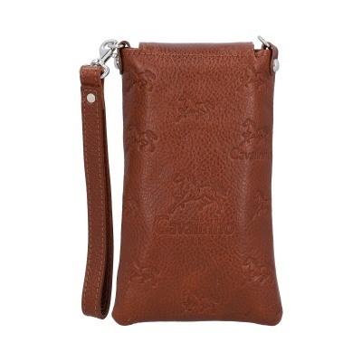 Bolsa de mão em pele castanha com padrão de cavalos e texto Cavalinho