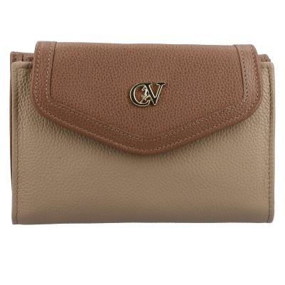 Carteira de couro castanho claro e bege com fecho e logo dourado