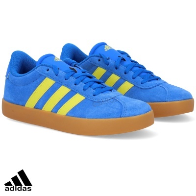 Ténis adidas azuis com riscas amarelas e sola castanha