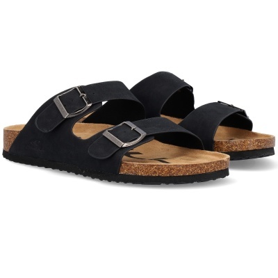 Chinelos pretos com duas tiras de fivela e sola castanha e preta