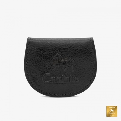 Carteira preta em pele com cavalo e texto Cavalinho em relevo