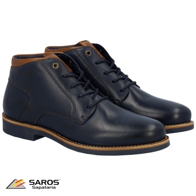 Botins masculinos em pele azul e castanha com atilhos pretos
