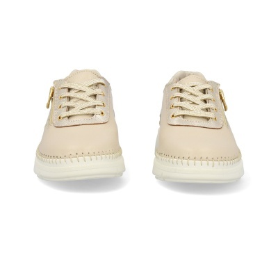 sapatos mocassim bege com atacadores, costuras e zipper dourado